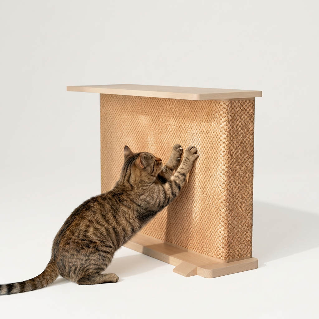 Chaton grimpant sur un poteau en carton recyclé, testant ses capacités d’escalade. Idéal pour illustrer comment discipliner un chat qui grimpe sans punir.