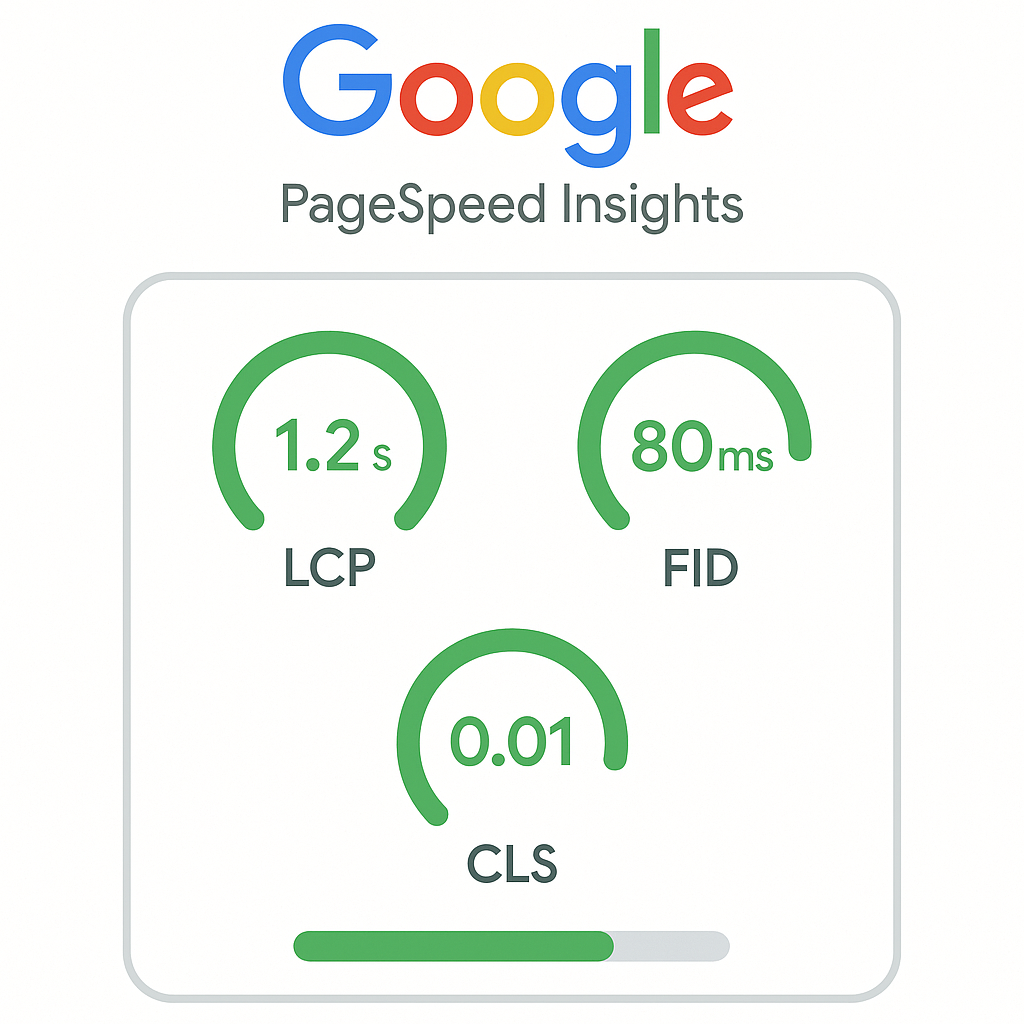 Interface stylisée de Google PageSpeed Insights montrant les Core Web Vitals (LCP, INP, CLS) avec des indicateurs de performance optimaux.