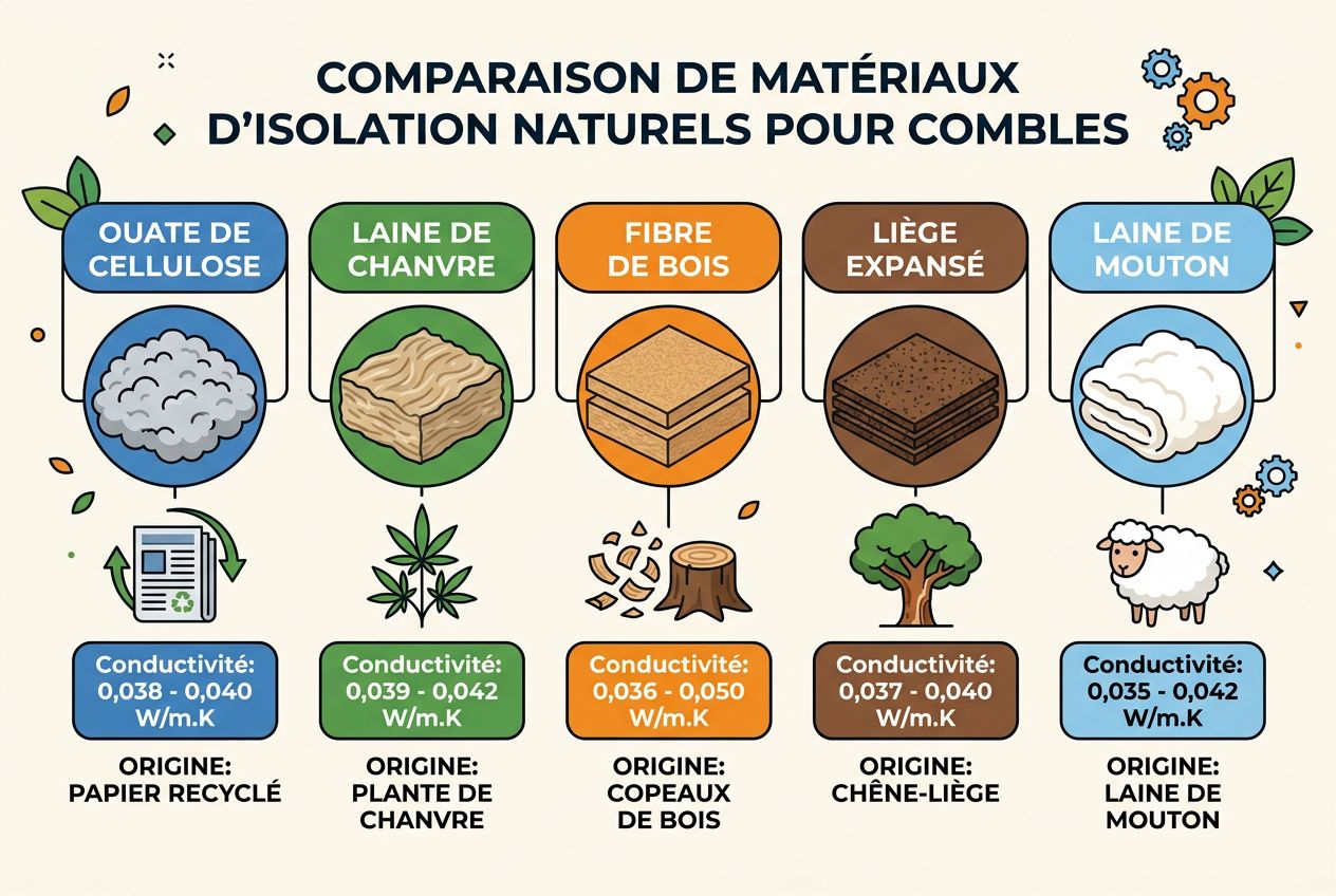 Comparaison des matériaux d’isolation naturels pour combles: ouate de cellulose, laine de chanvre, fibre de bois, liège expansé, laine de mouton.