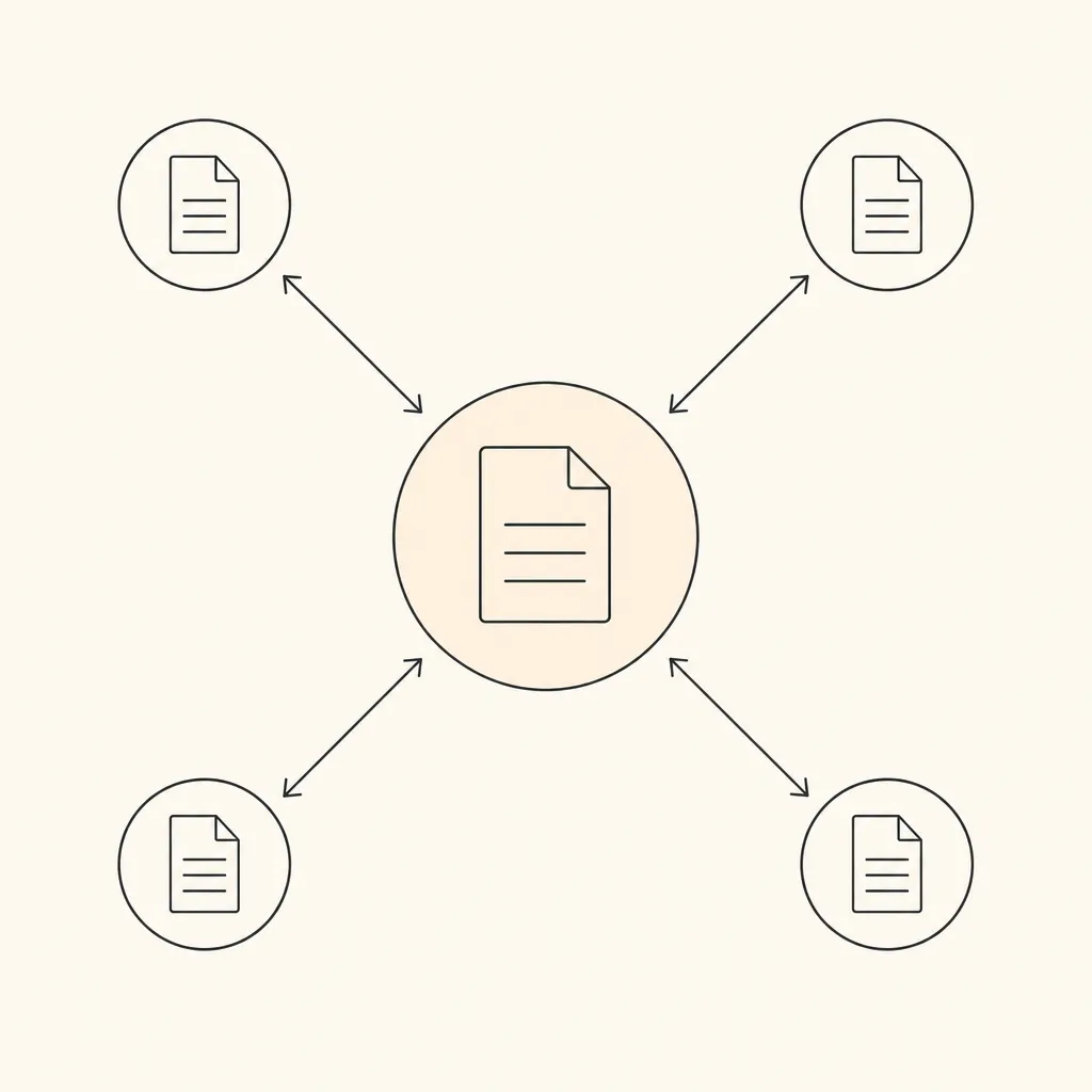 Schéma d'un cluster SEO : une grande page pilier centrale reliée par quatre flèches à quatre pages satellites plus petites.