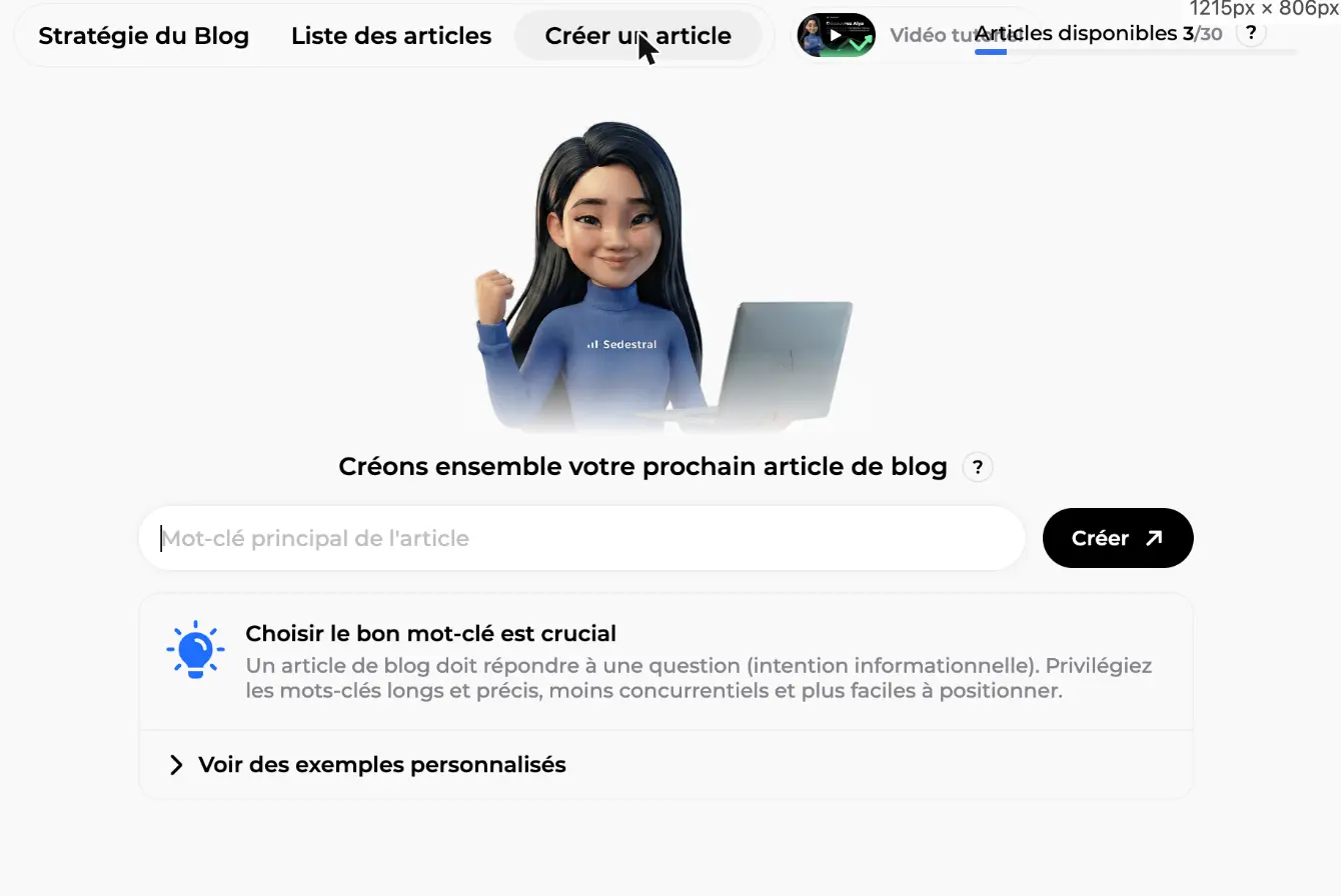 Écran Créer un article demandant le mot-clé principal, avec un conseil sur le choix d'un mot-clé long et précis