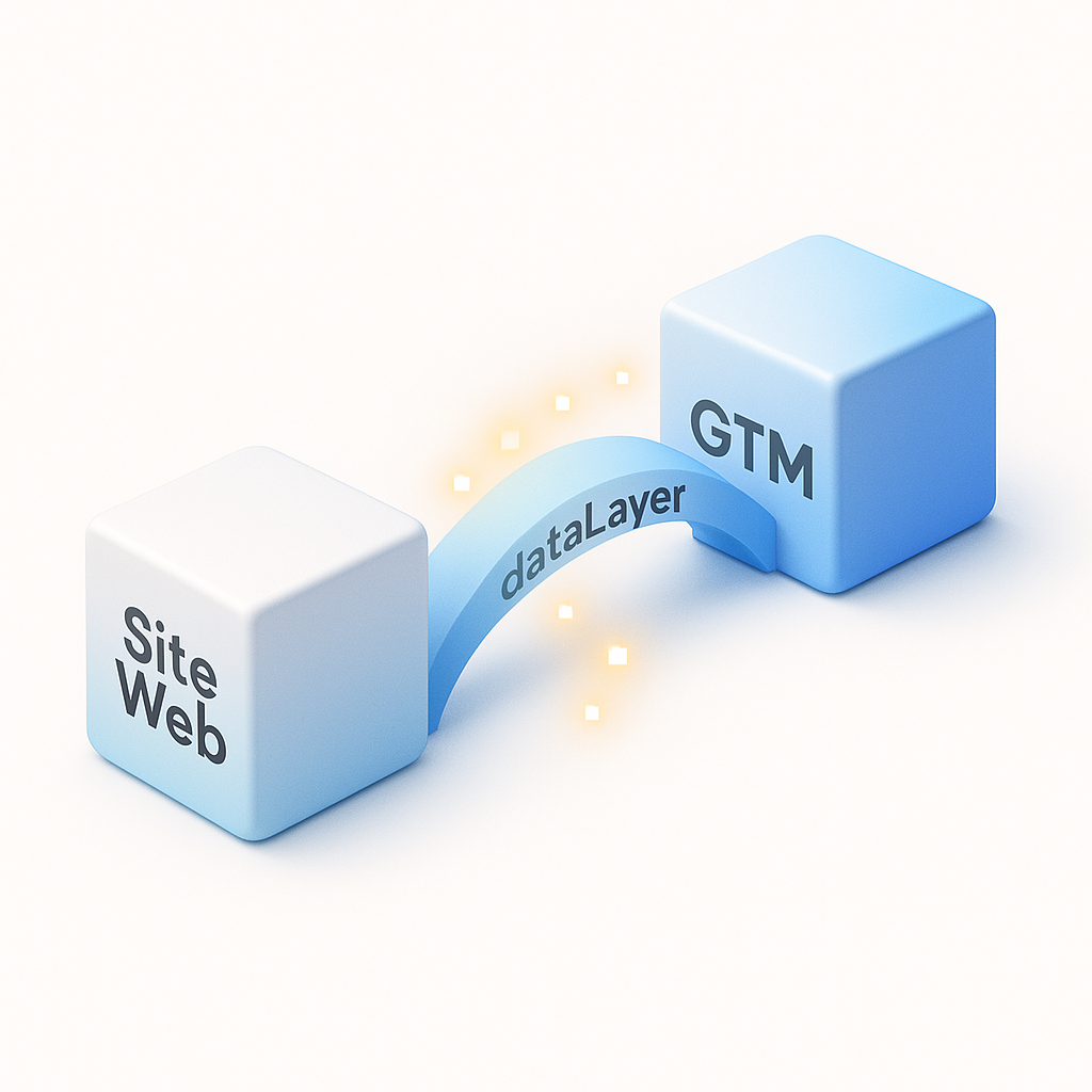 Illustration du dataLayer agissant comme un pont de données entre un site web et Google Tag Manager.