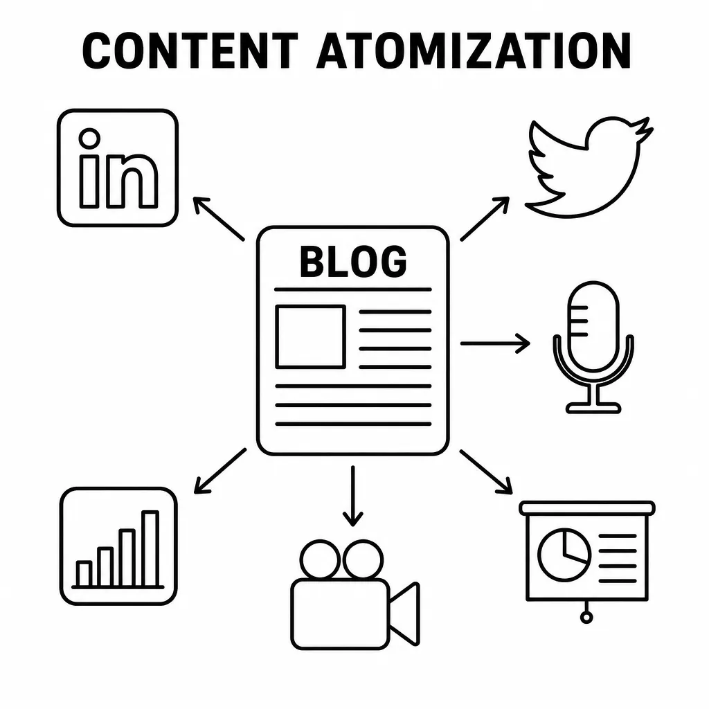 Diagram of content atomisation, showing how a blog article is repurposed into several formats for social media.