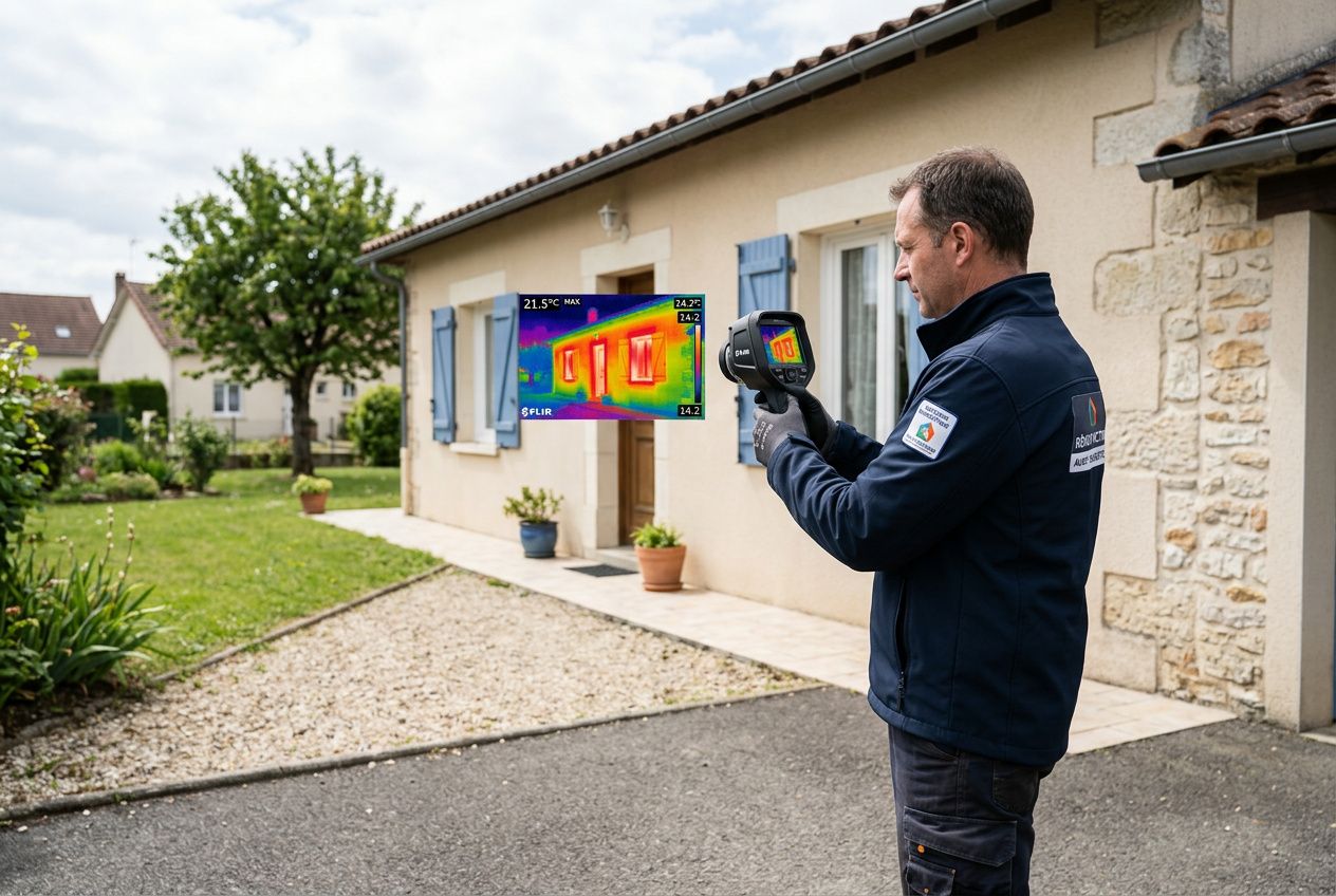 Agent réalisant une audit thermique avec caméra infrarouge devant une maison, pour formation audit énergétique.