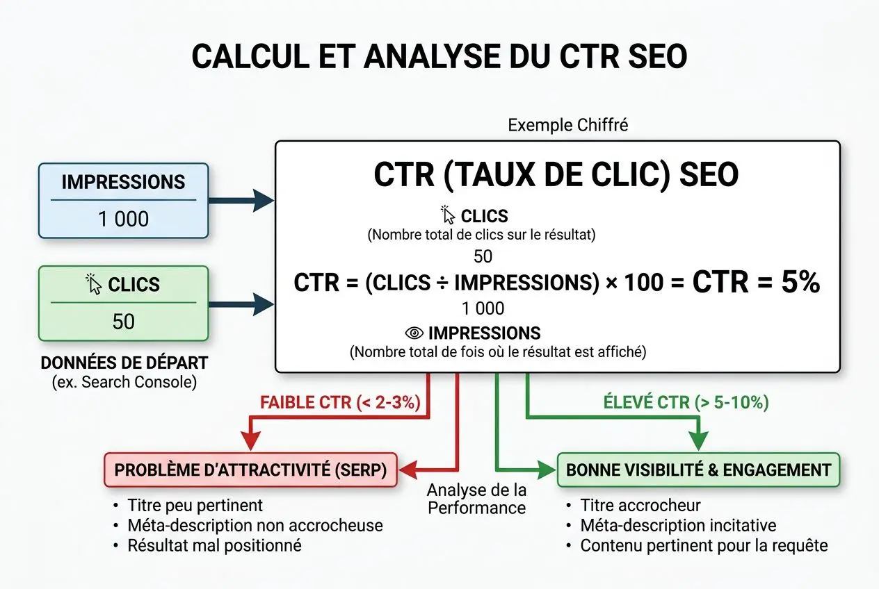 Calcul et analyse du CTR SEO: illustration montrant CTR = (Clics ÷ Impressions) × 100, avec impressions 1000 et clics 50, et analyse du CTR faible ou élevé et leur impact sur la visibilité et l’engagement. kpi suivi positionnement essentiels intégrée.