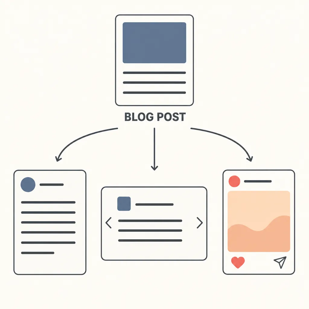 Infographic showing a blog post repurposed into native social media formats: an X thread, a LinkedIn carousel and an Instagram post