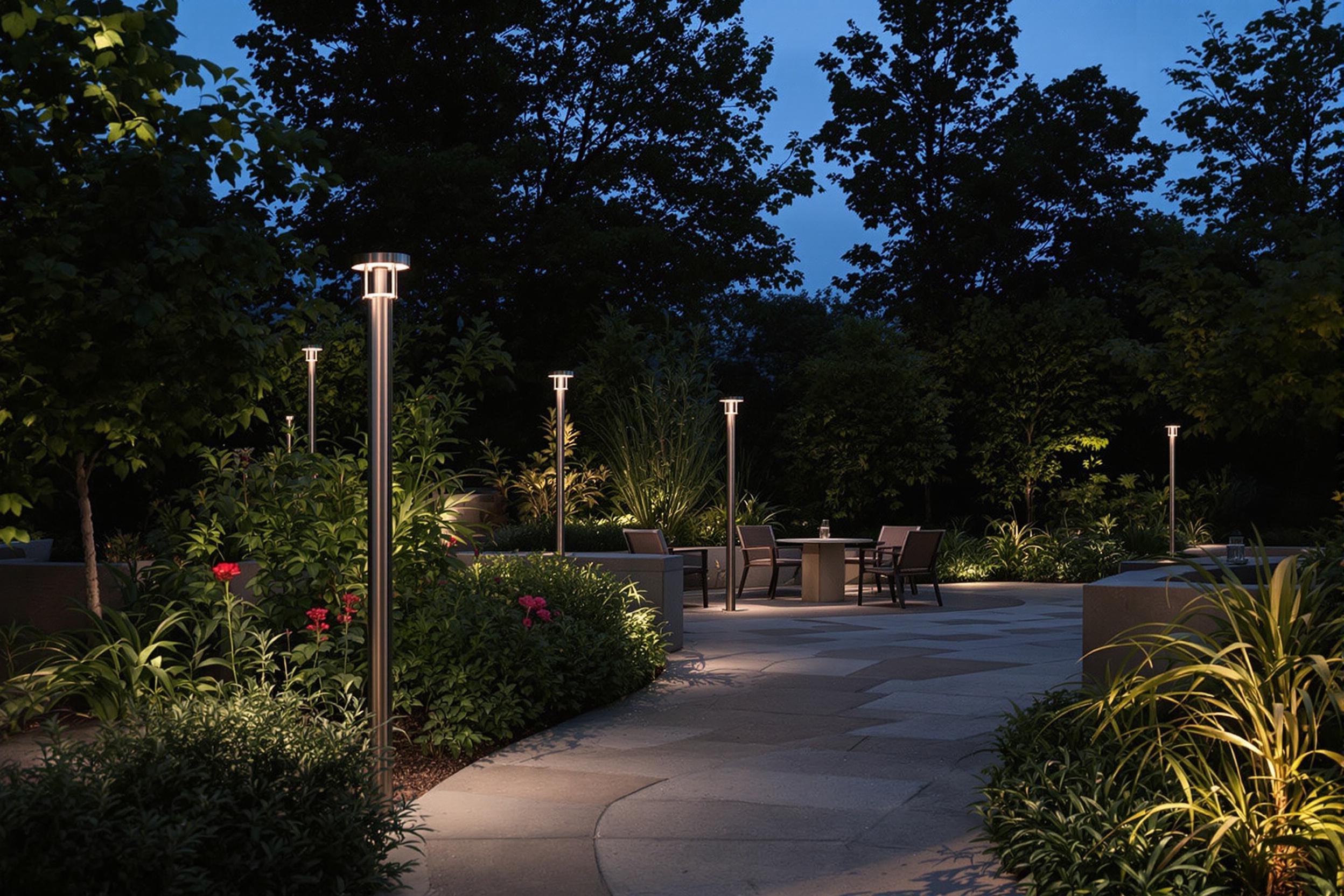 A sleek outdoor lamppost illuminating a garden path