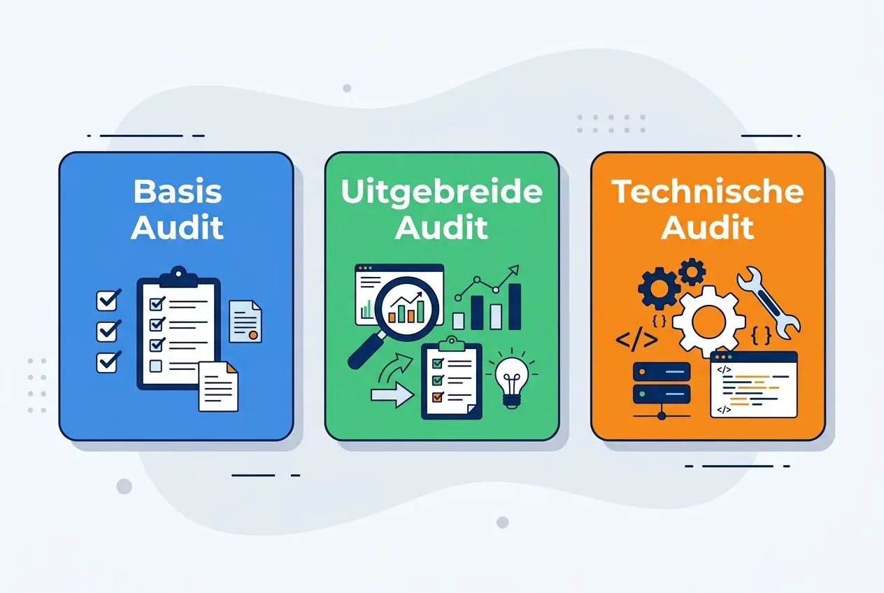 Drie kleurrijke blokken: Basis Audit, Uitgebreide Audit en Technische Audit met pictogrammen van lijsten, grafieken en gereedschappen. seo audit kosten prijs geïntegreerd?