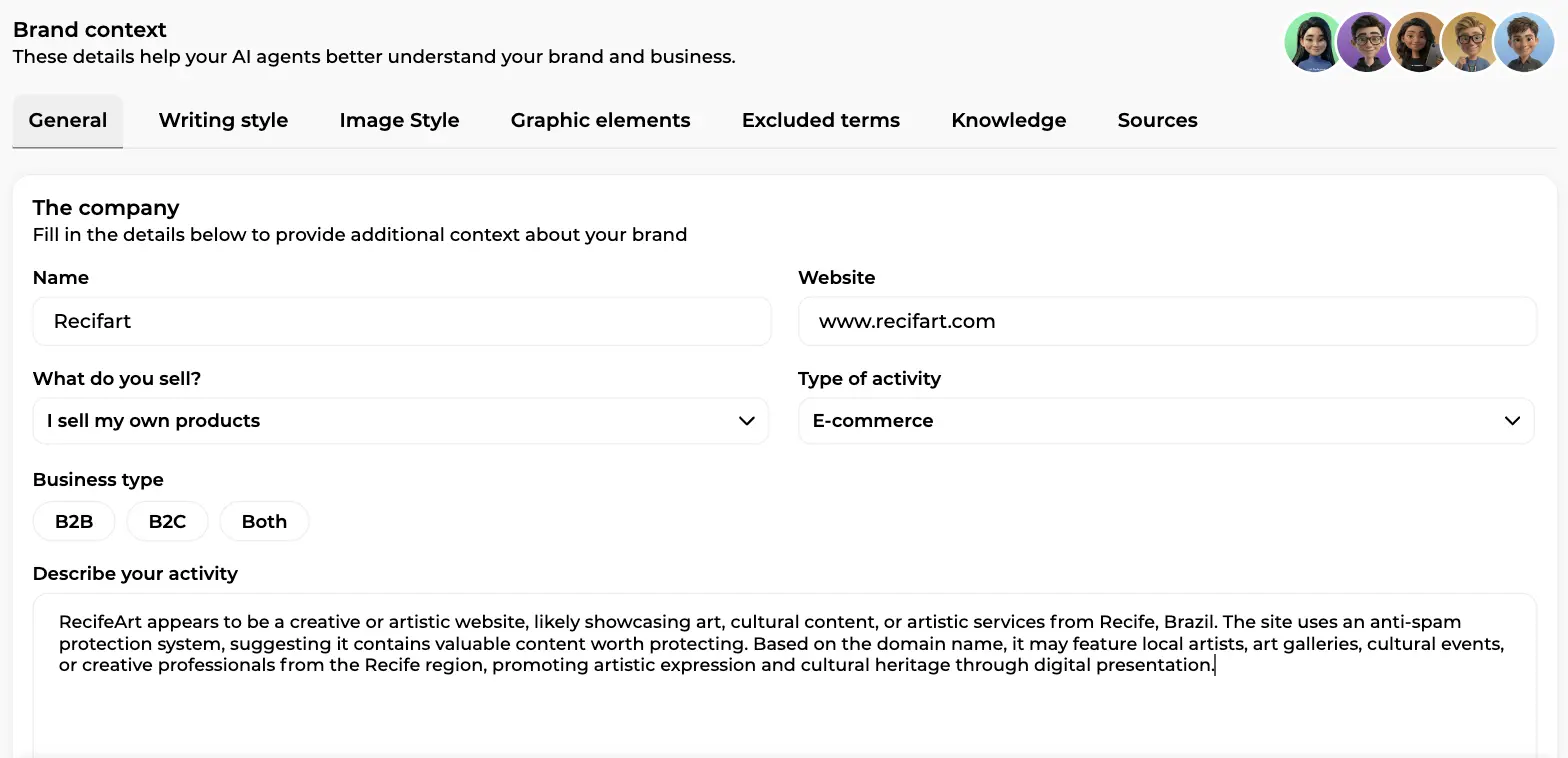 Brand context General tab with company name, website, business type and activity description fields