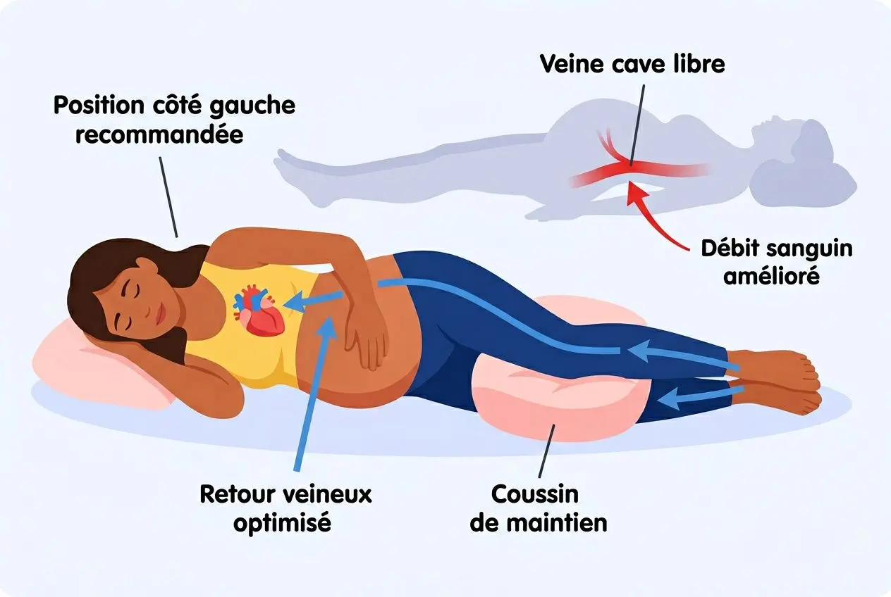 Pourquoi mettre un coussin entre les jambes enceinte pour dormir Image montrant une femme enceinte couché sur le côté gauche avec un coussin entre les jambes, coussin de maintien sous les genoux, et indication d’un retour veineux optimisé; dessin pédagogique sur pourquoi mettre un coussin entre les jambes enceinte pour dormir.