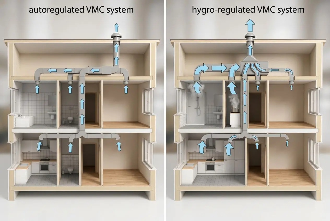Schéma comparatif VMC hygroréglable ou autoréglable montrant les flux d’air et les gaines dans un logement, côté autoréglable et côté hygro-réglable.