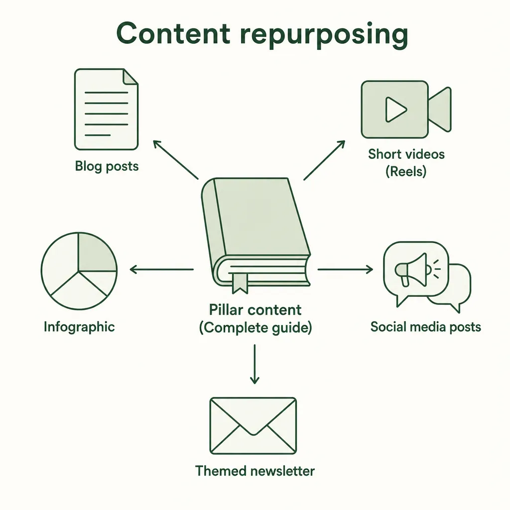 Diagram showing how to repurpose a pillar piece such as a complete guide into blog posts, videos, an infographic and social media posts.