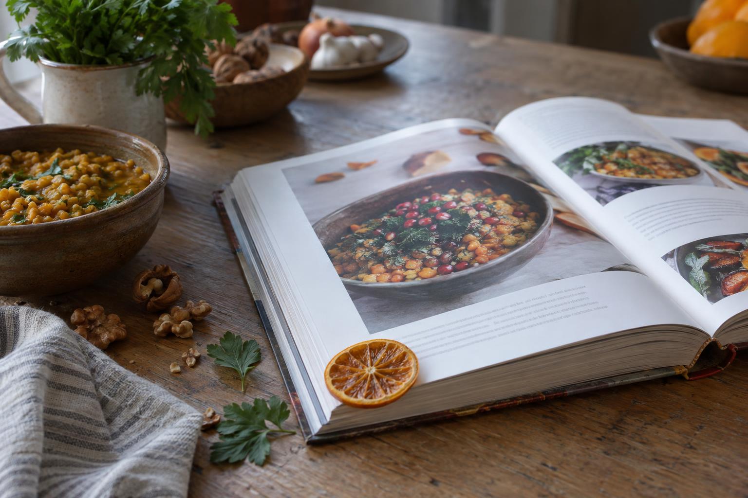 Grande encyclopédie de cuisine ouverte sur une table en bois, avec des photos de plats colorés