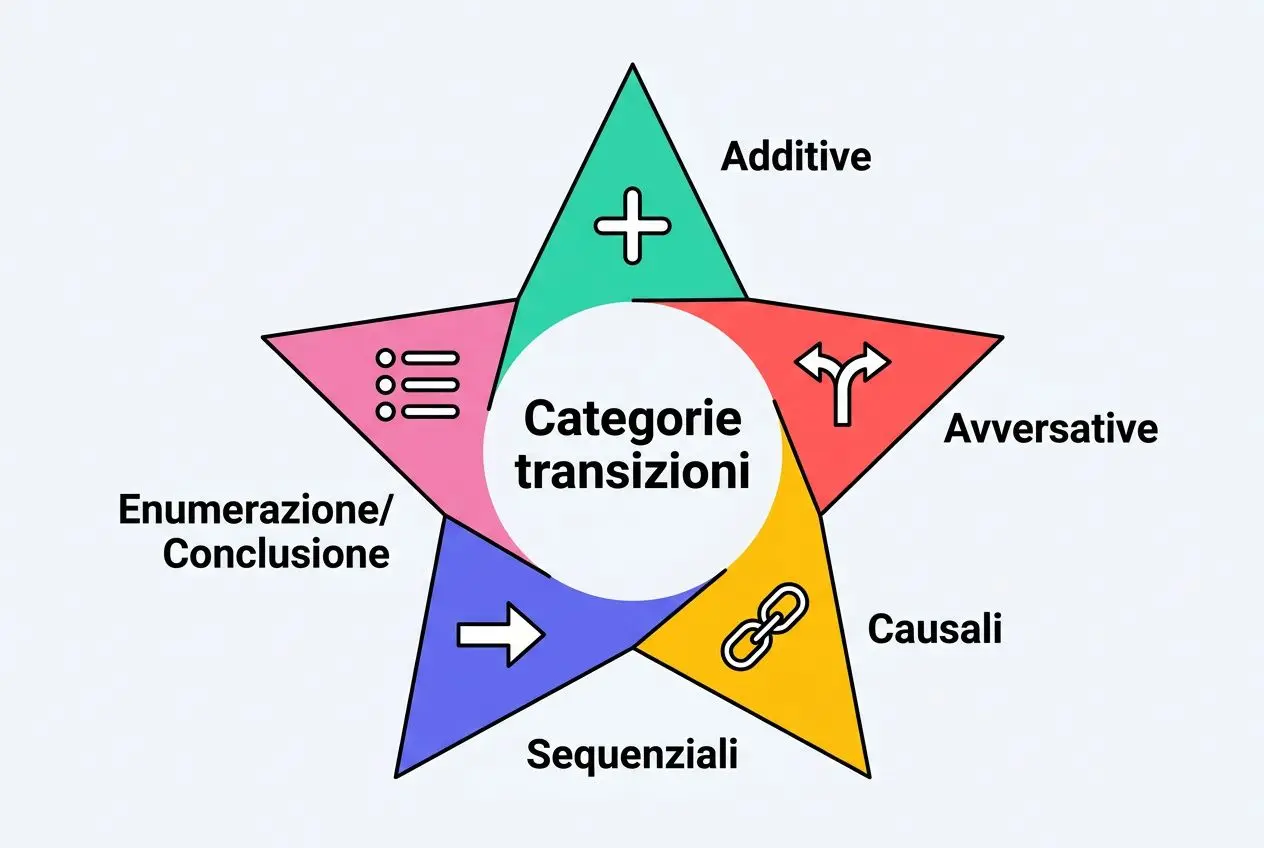 Img: una stella colorata con sezioni e icone, titolo centrale “Categorie transizioni”. testo laterale: Additive, Avversative, Causali, Sequenziali, Enumerazione/Conclusione. Etichetta interna “Categorie transizioni”.