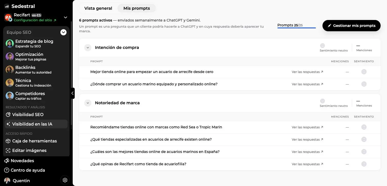 Pestaña Mis prompts de Visibilidad en las IA con 6 prompts activos agrupados en Intención de compra y Notoriedad de marca