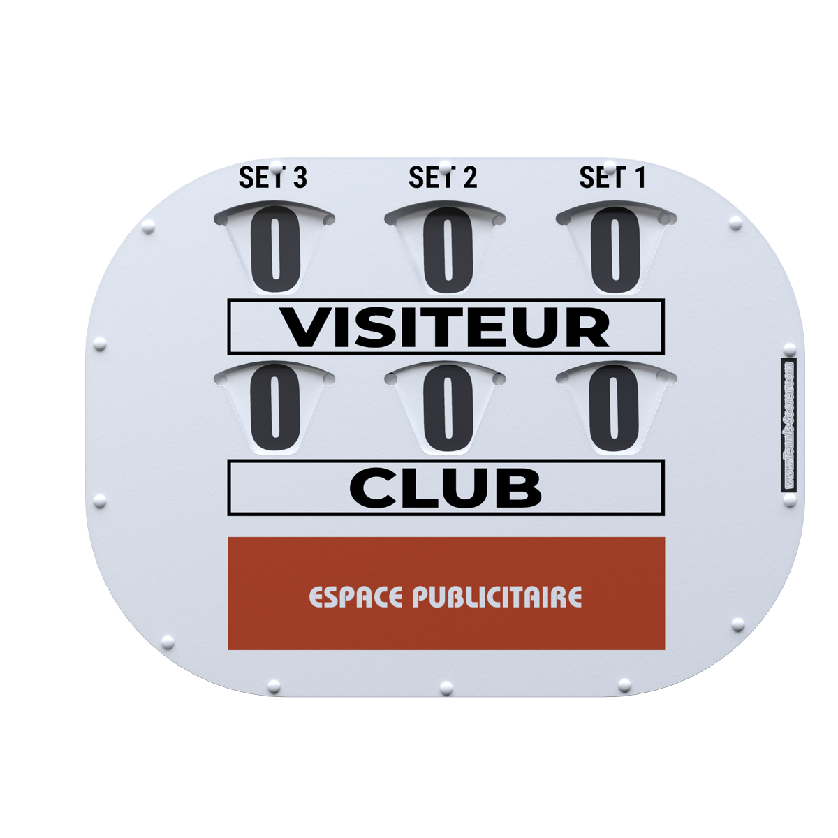 Tableau d’affichage de score avec les zones visitœur et club affichant 0 et un espace publicitaire en bas.
