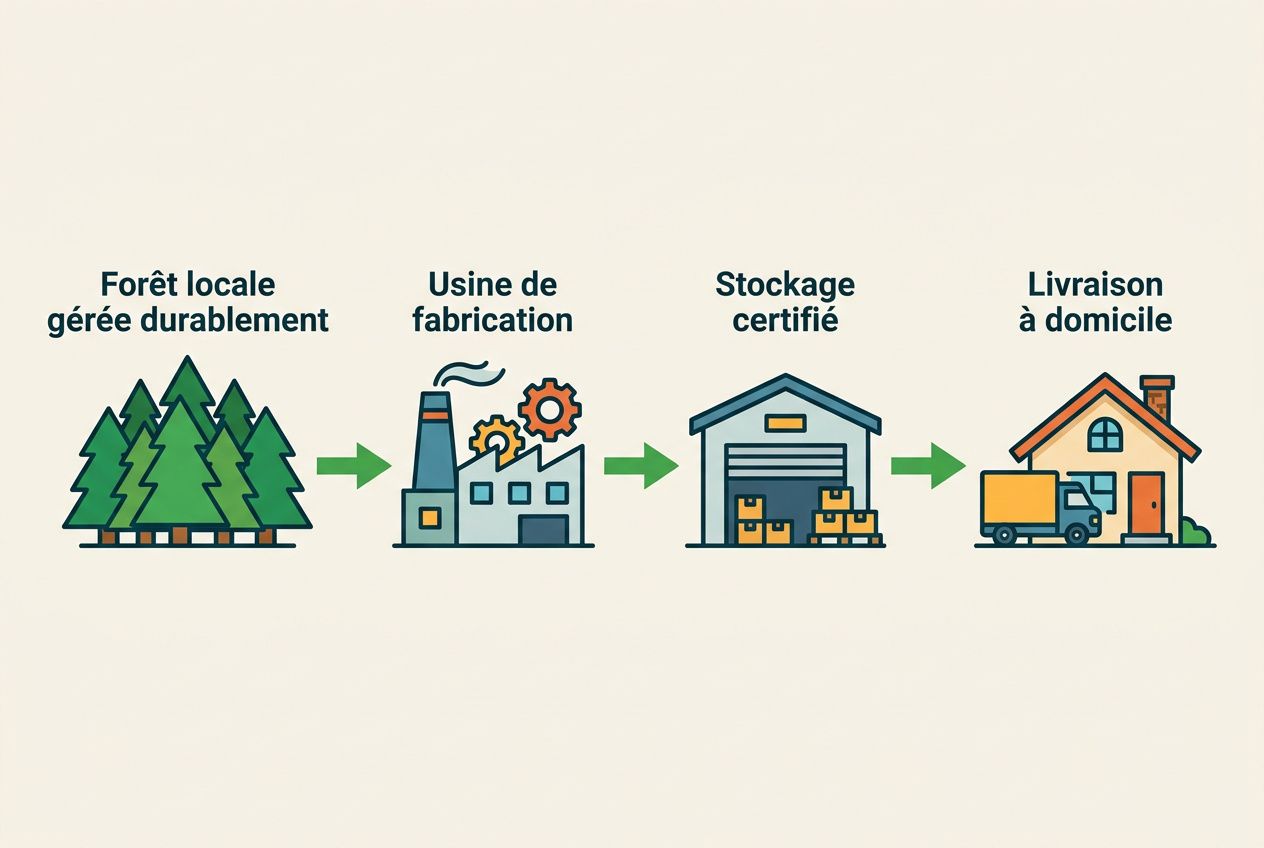 Processus de chaîne d’approvisionnement des granulés de bois: forêt gérée durablement → usine de fabrication → stockage certifié → livraison à domicile. granulés de bois pas cher intégrés naturellement.
