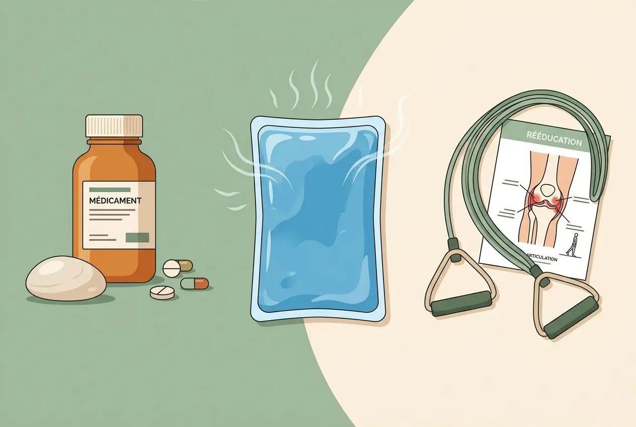 Pack médical et notice avec des comprimés, flacon d’ordonnance et sachet chaud, sur fond vert et beige. Douleur articulation graphique.