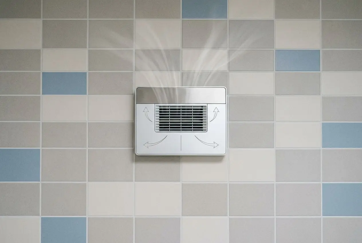 Grille d’aération encastrée sur mur tilé avec flèches indiquant la circulation d’air, ventilation contrôlée.