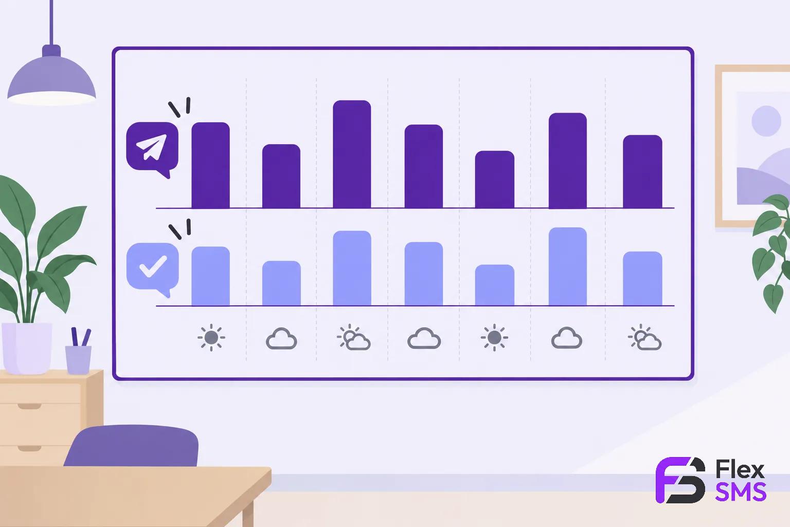 Diagramme affichant des barres verticales violettes et bleues sur fond violet, avec des icônes météo dessous et un logo Flex