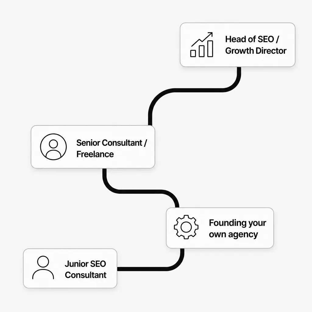 Diagram showing the career paths open to an SEO consultant, from junior role to leadership or entrepreneurship.