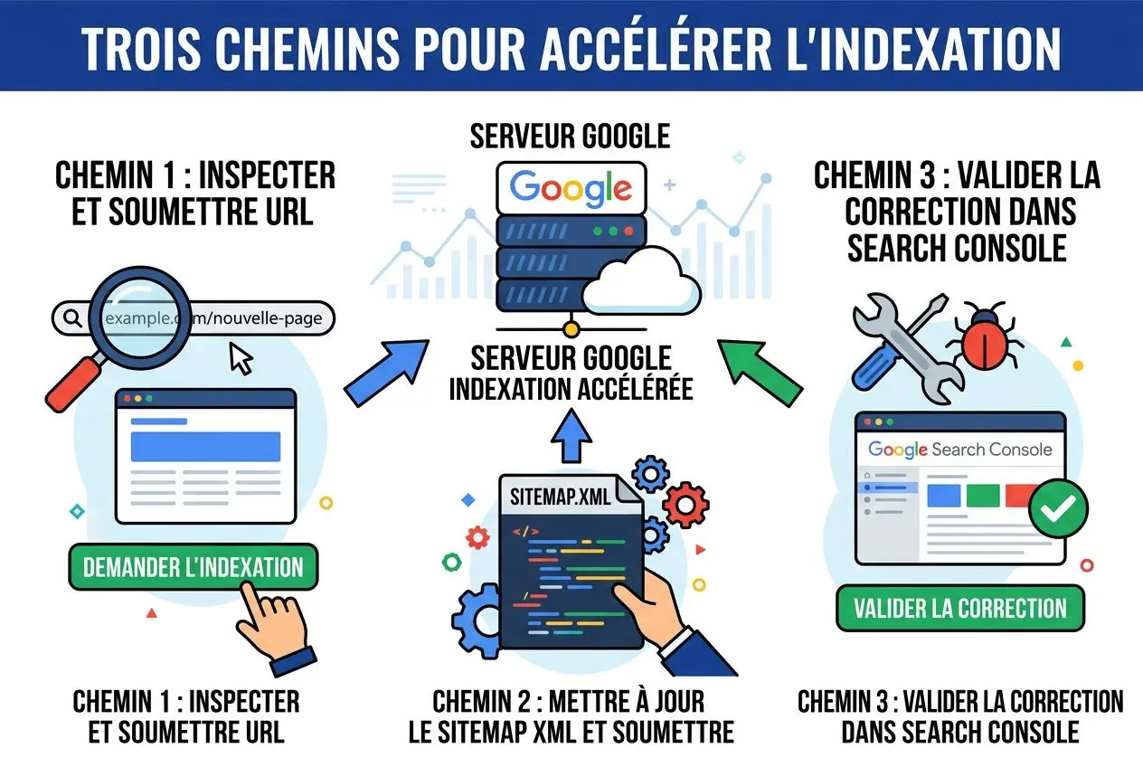 Trois chemins pour accélérer l’indexation montrant l’inspection et l’envoi d’URL, le serveur Google et la validation des corrections dans la Search Console. Intègre le problème indexation google.