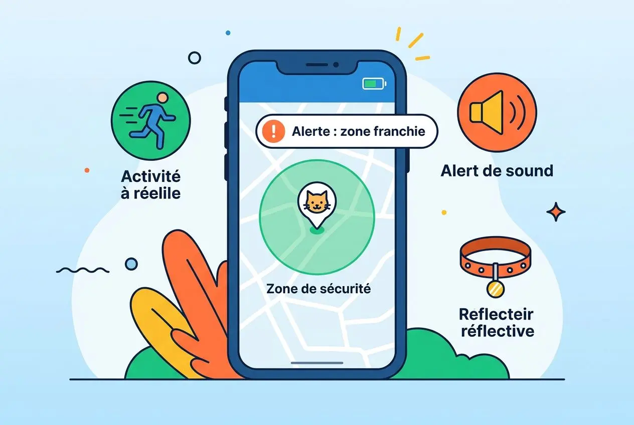Affichage d’un smartphone montrant une zone de sécurité et une alerte de franchissement, avec icônes “activité à réelle”, “alerte de son” et “reflet refletive” autour. Integrates meilleur collier gps pour chat? Include keyword naturally: "meilleur collier gps pour chat" should be included. We craft: "Aperçu d’un smartphone avec alerte zone franchie et guide: meilleur collier gps pour chat, suivi et sécurité." maybe: - Ensure 50-125 chars. Let's craft: "Smartphone affichant une zone de sécurité et alerte, illustrant le meilleur collier gps pour chat et son suivi." Count: approx 110 chars. Let's output. Smartphone affichant une zone de sécurité et une alerte, illustrant le meilleur collier gps pour chat et son suivi.