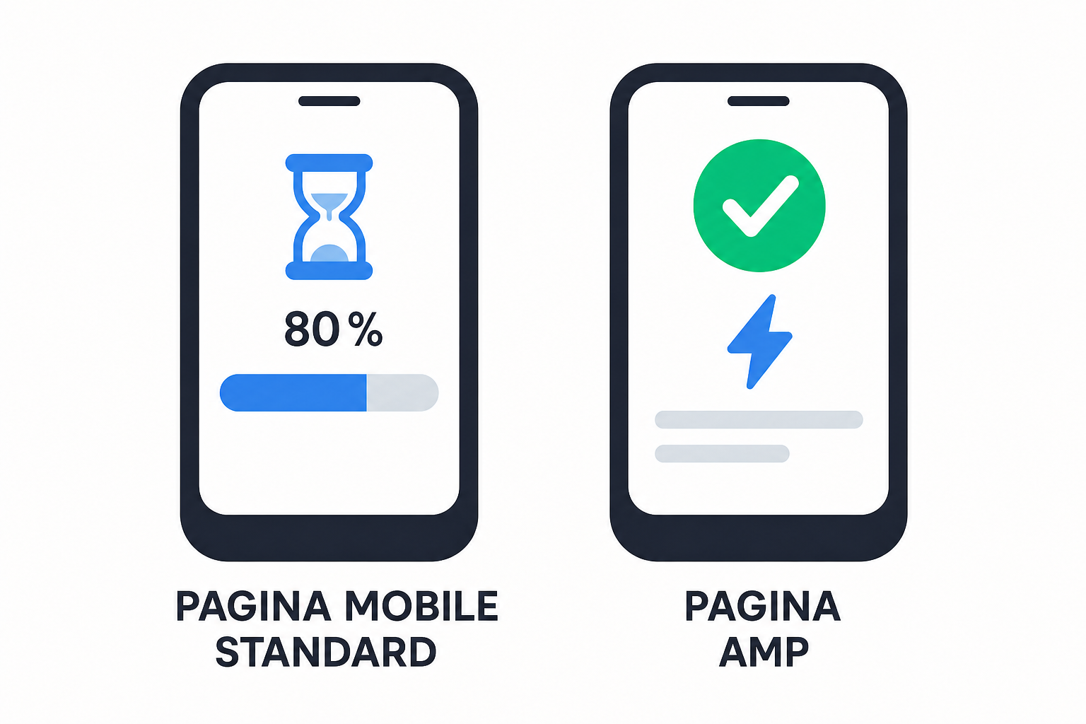Confronto visivo tra il tempo di caricamento di una pagina mobile classica e quello, molto più breve, di una pagina in formato AMP.