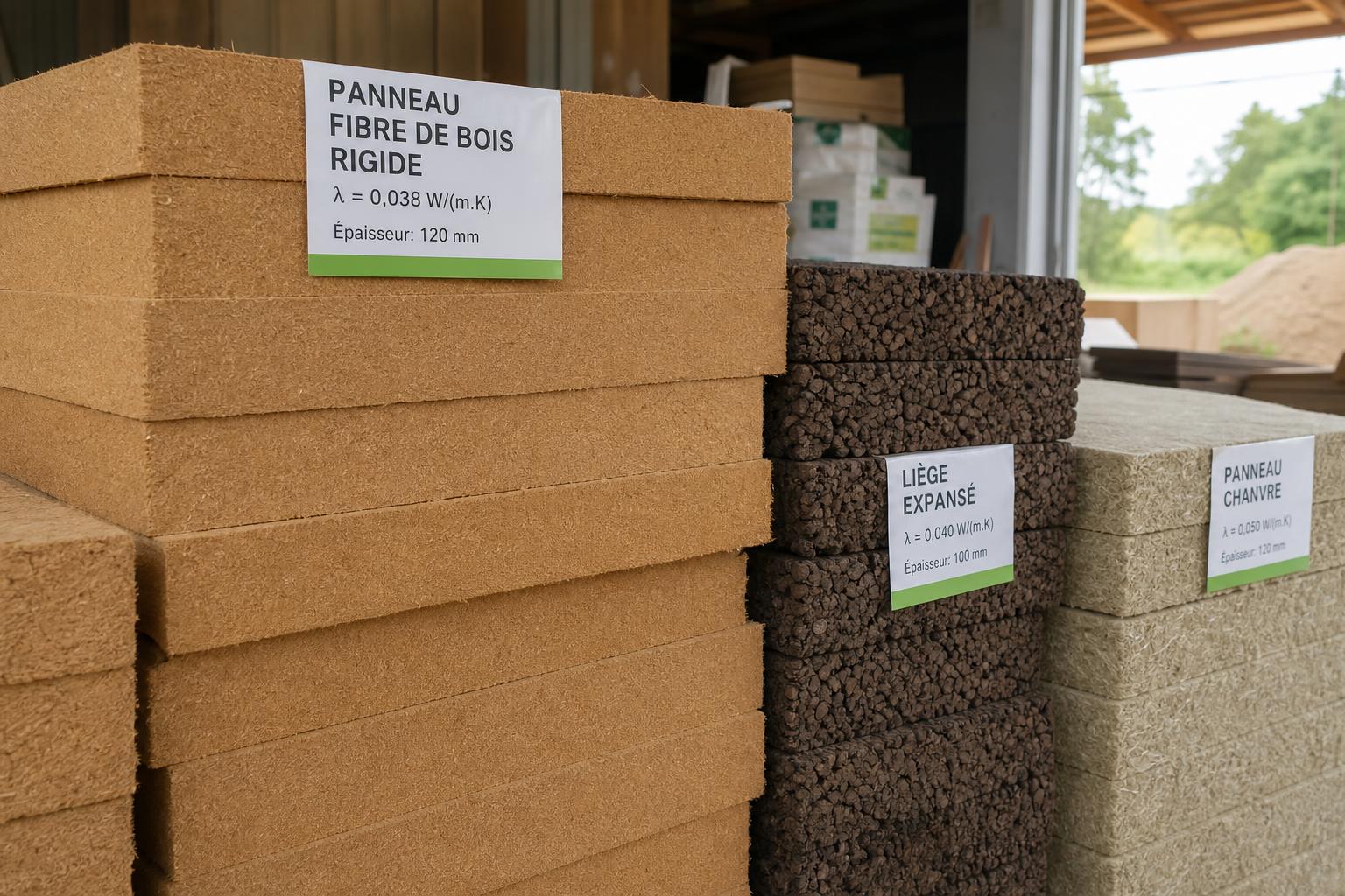 Panneaux isolants en fibre de bois rigide et liège expansé pour isolation écologique extérieure, façade, étiquetés.