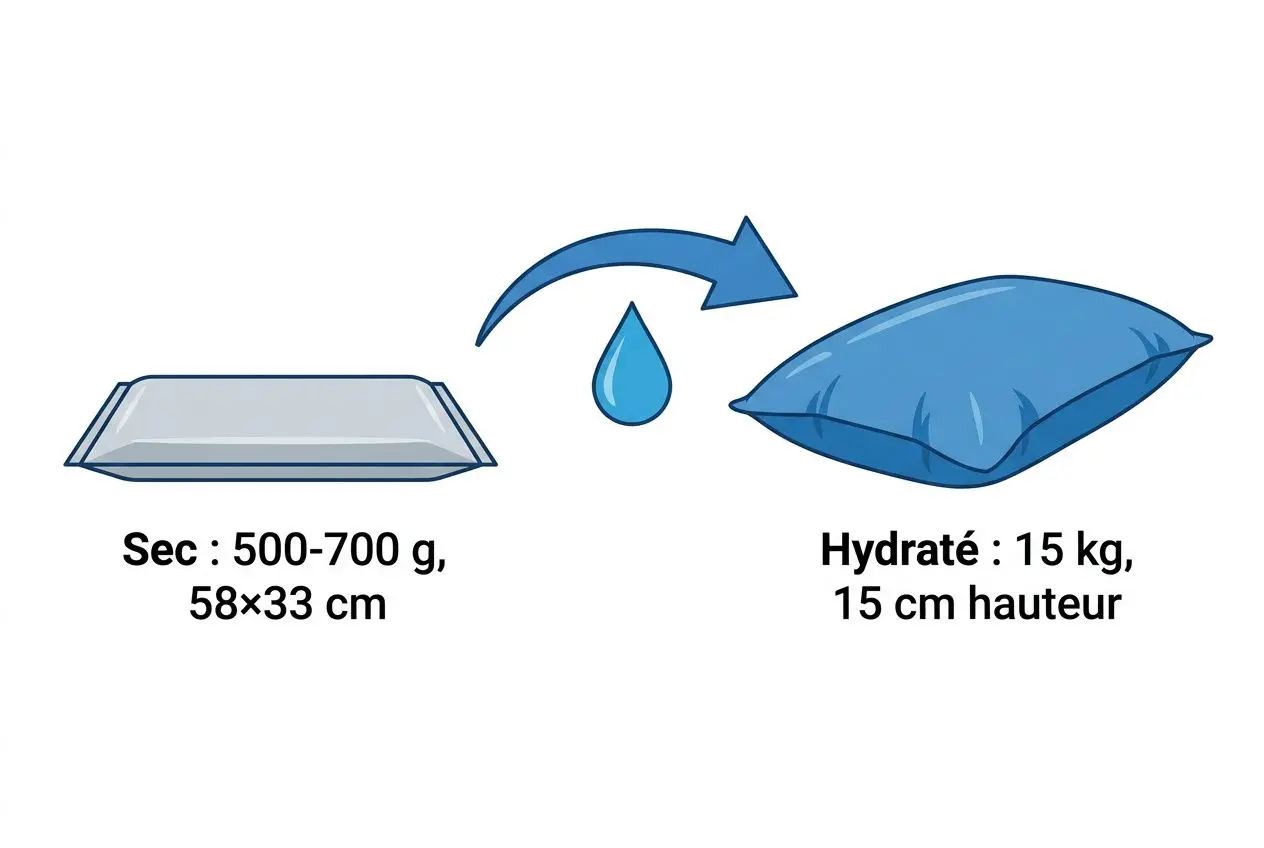 Kit de sacs Stormbag: sec 500-700 g et humidifié pour obtenir 15 kg et 15 cm de hauteur, démonstration d’assemblage rapide. comment se protéger d'une inondation.