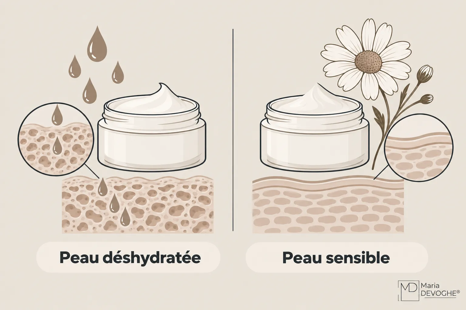 Cosmetic cream applied to dry skin on the left and sensitive skin on the right, with circles showing the areas