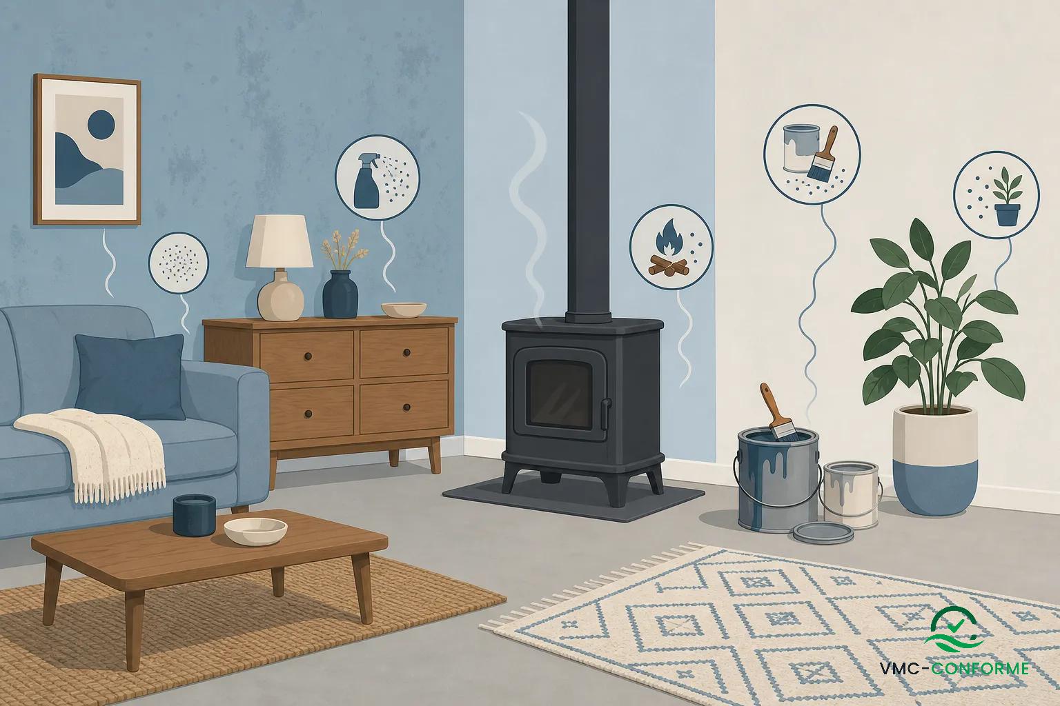 Salon moderne avec poêle à bois, murs bleus, fauteuils et tapis. Éléments indiquent humidité et ventilation à améliorer, avec plantes et outils de ménage. air vicié comment résoudre