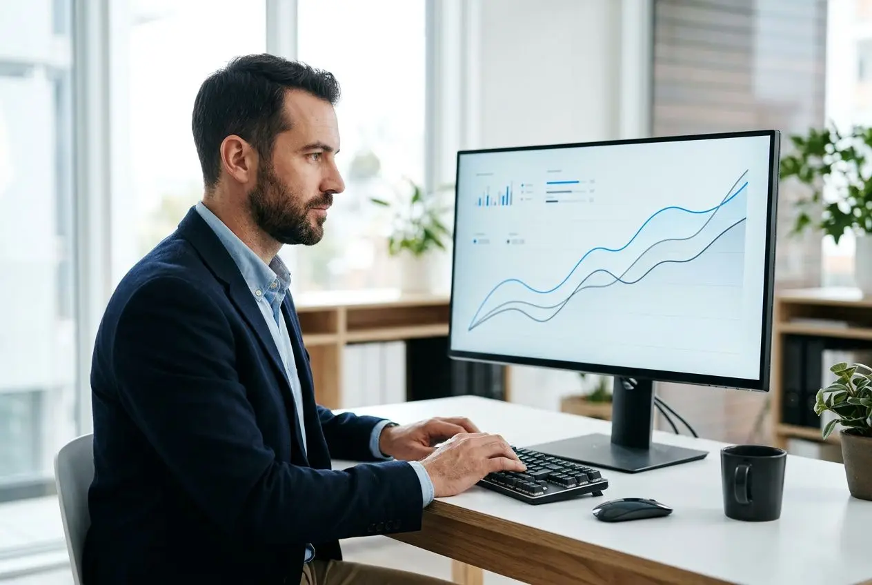 Homme d’affaires devant un écran affichant des courbes et graphiques, travail sur KPI clés dans un tableau de bord commercial.