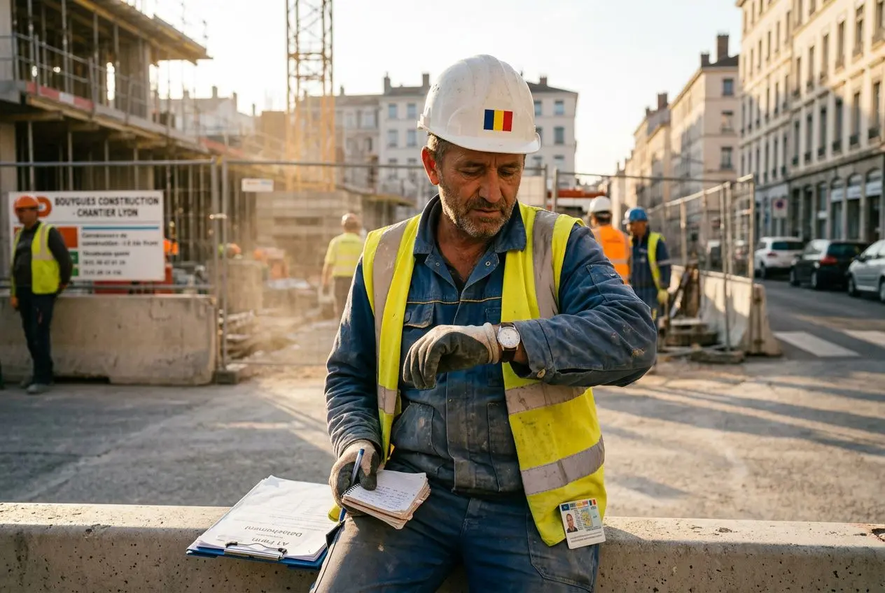Travailleur détaché roumain en France sur un chantier, vérifiant des documents et notant des informations. droits et obligations en contexte de détachement.