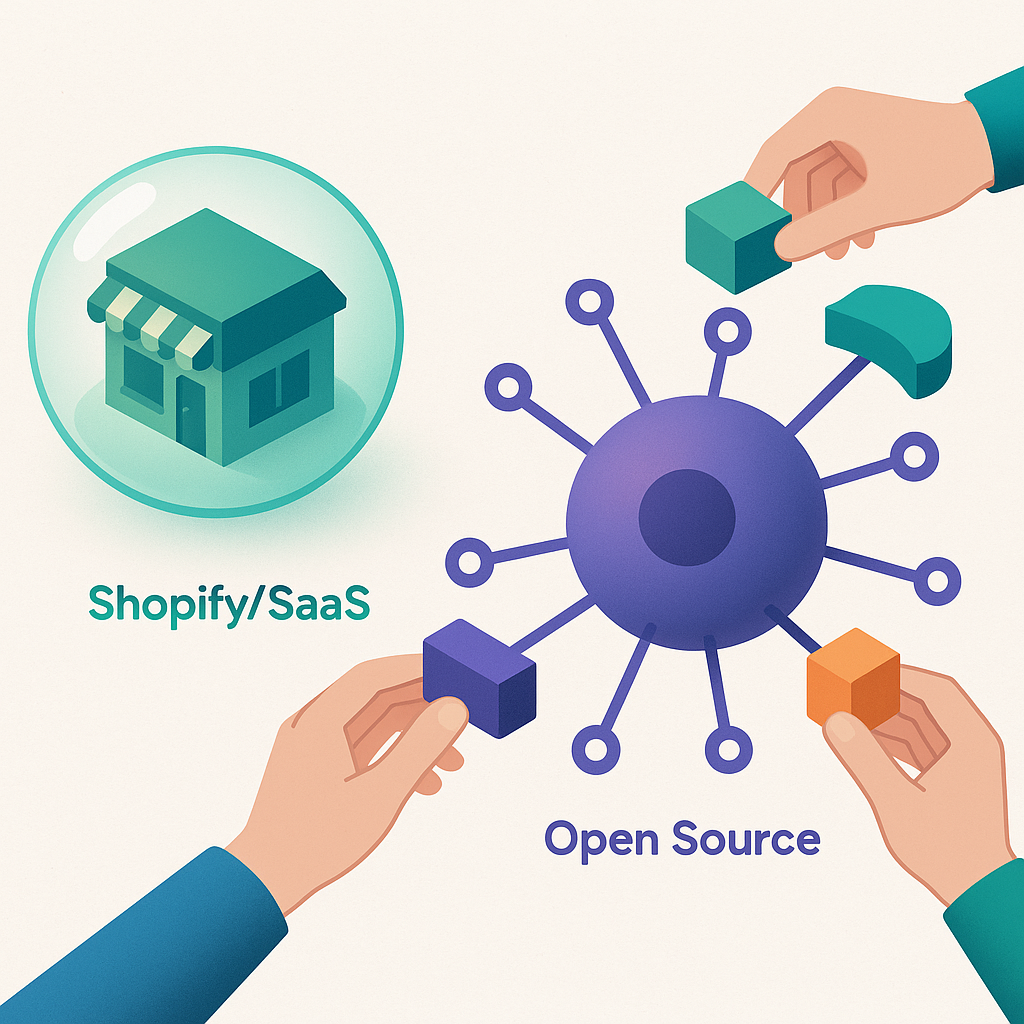Illustration du concept SaaS de Shopify (écosystème protégé) et Open Source de PrestaShop (système modulaire et ouvert).