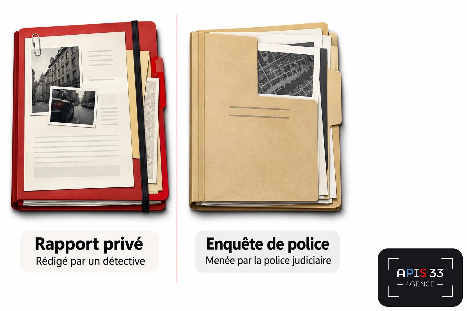 Deux dossiers empilés, l’un rouge et l’autre beige, symbolisant le rapport privé et l’enquête de police.