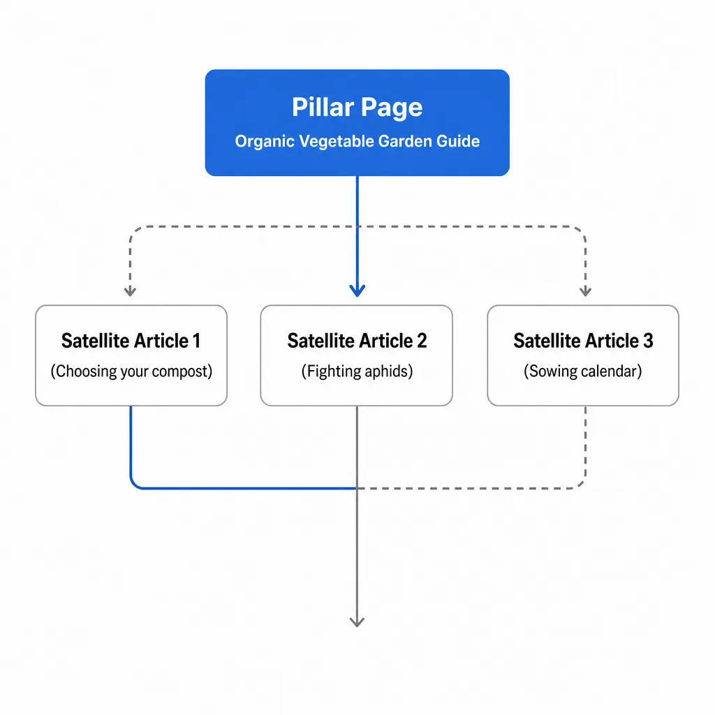 Diagram of an SEO silo structure showing a pillar page distributing its authority to topically related satellite articles.