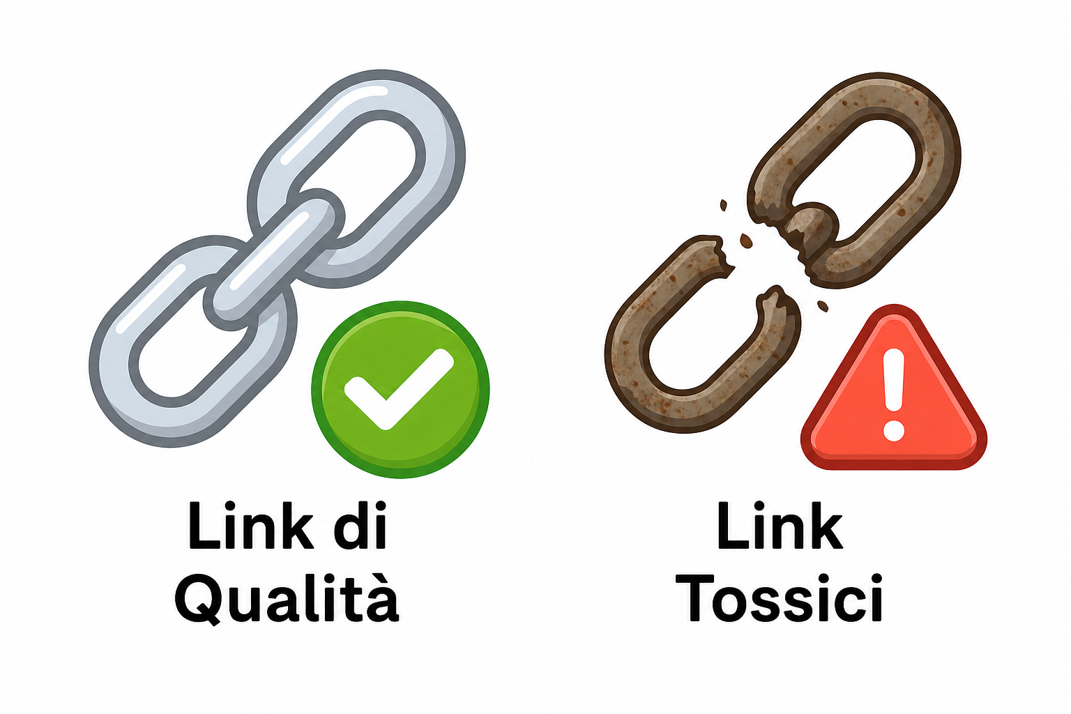 Confronto tra un link di qualità, rappresentato da una catena solida, e un link tossico, mostrato come una catena arrugginita e spezzata.