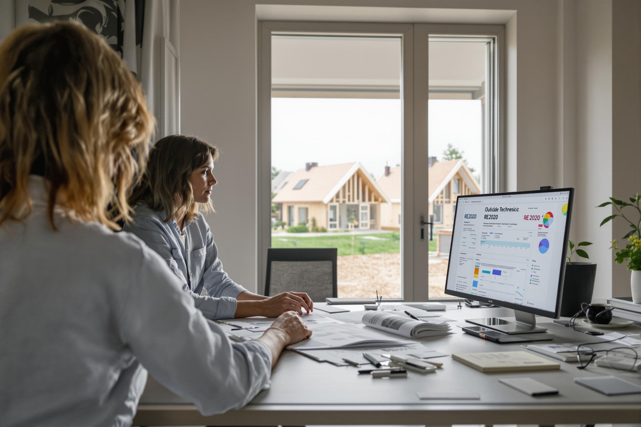 Bureau d'étude analysant le guide RE2020 version 2025 avec documents techniques et échantillons