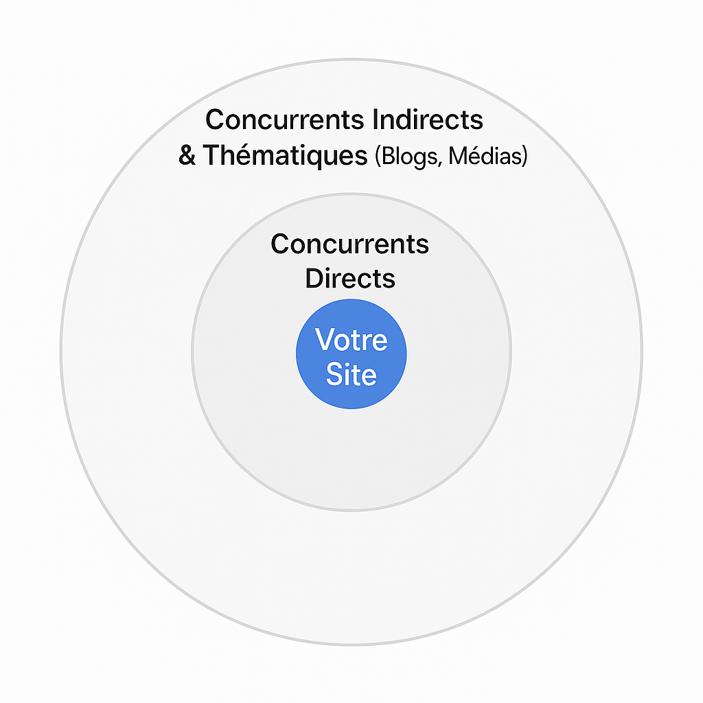 Diagramme illustrant les différents cercles de la concurrence en SEO : votre site au centre, entouré des concurrents directs et indirects.