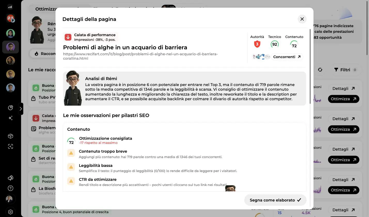 Finestra Dettagli della pagina con i punteggi Autorità, Tecnico e Contenuto, l'analisi di Rémi e le osservazioni per pilastri SEO