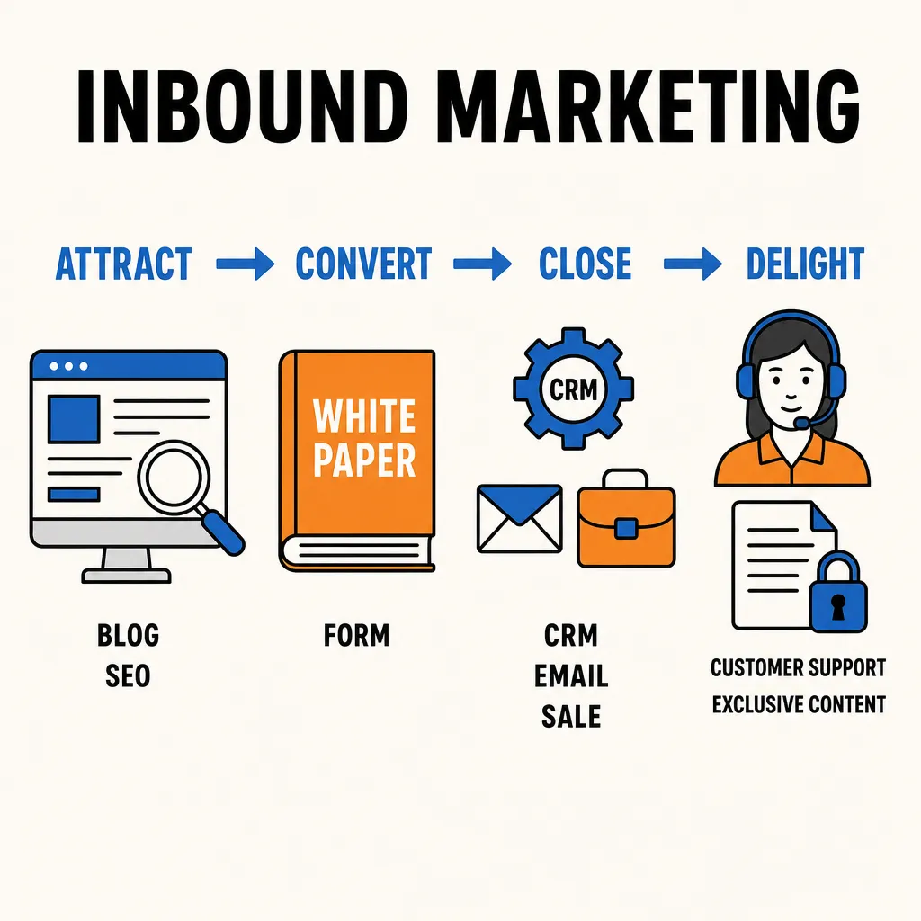 Diagram of the 4 inbound marketing stages (Attract, Convert, Close, Delight), with the white paper as the central tool for converting leads.