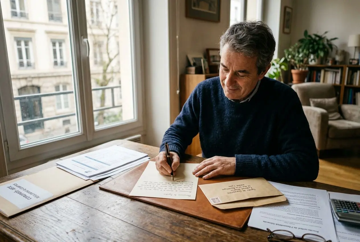 Homme âgé écrivant une lettre sur un bureau en bois, documents et enveloppes à côté, bibliothèque et fenêtres dans le fond. Intègre subtilement le terme lettre ordre du jour assemblée générale copropriété.