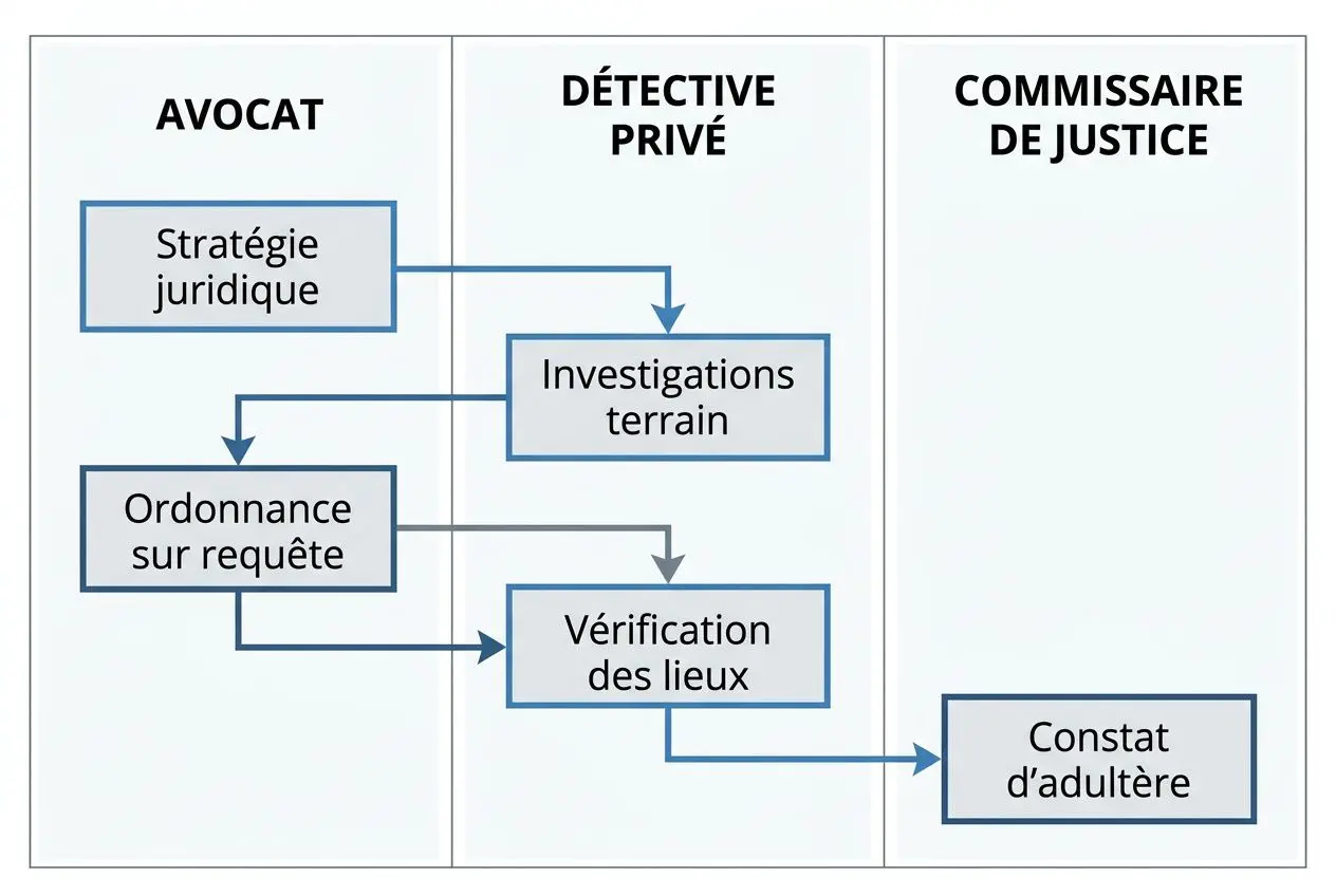 Schéma procédural montrant les étapes de collecte de preuves pour un divorce pour faute: avocat, détective privé et commissaire de justice impliqués dans stratégie juridique, investigations terrain, vérification des lieux et constat d’adultère. Preuve infidélité divorce pour faute.