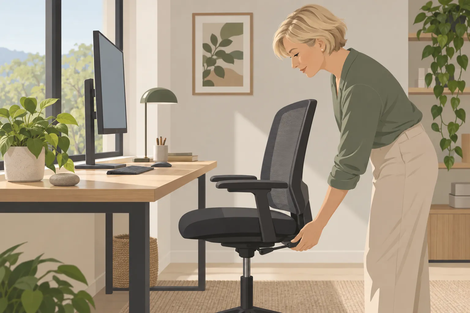 Personne ajustant la hauteur de sa chaise de bureau pour soulager une tension, près d’un bureau et d’un ordinateur. Douleur omoplate droite contemplée.