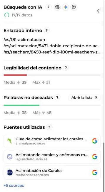Bloque Búsqueda con IA con 17 de 17 datos, enlazado interno, legibilidad, palabras no deseadas y lista de fuentes utilizadas