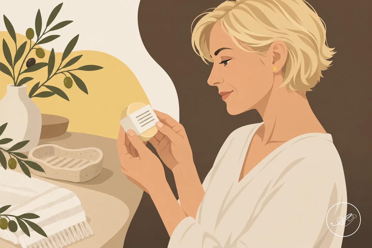 Une femme aux cheveux courts tient un petit pot et lit l’étiquette d’un après-shampoing solide.