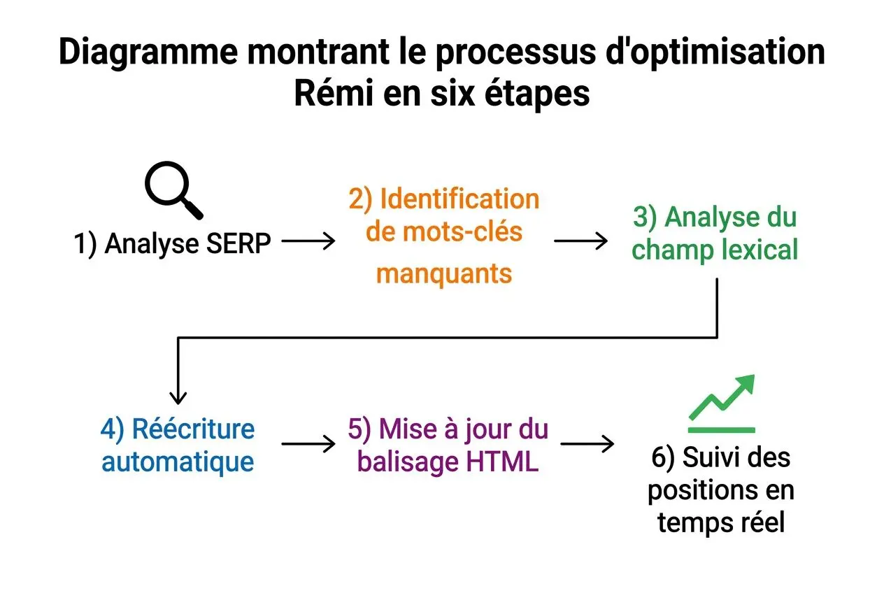 Diagramme montrant le processus d'optimisation Rémi en six étapes pour gérer son seo avec l'ia, avec analyse SERP, identification mots-clés, analyse du champ lexical, réécriture automatique, mise à jour HTML et suivi des positions.