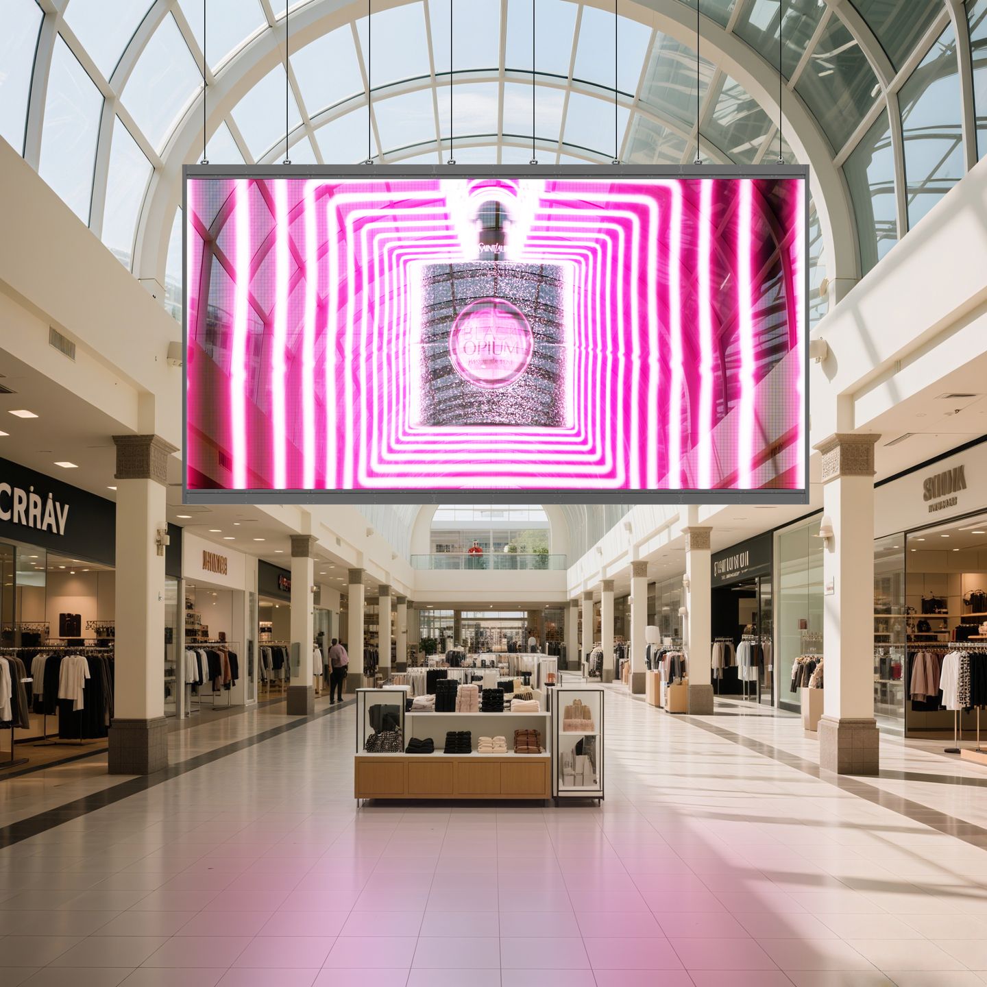 Écran led transparent vitrine boutique affichant une image rose néon dans un centre commercial lumineux.