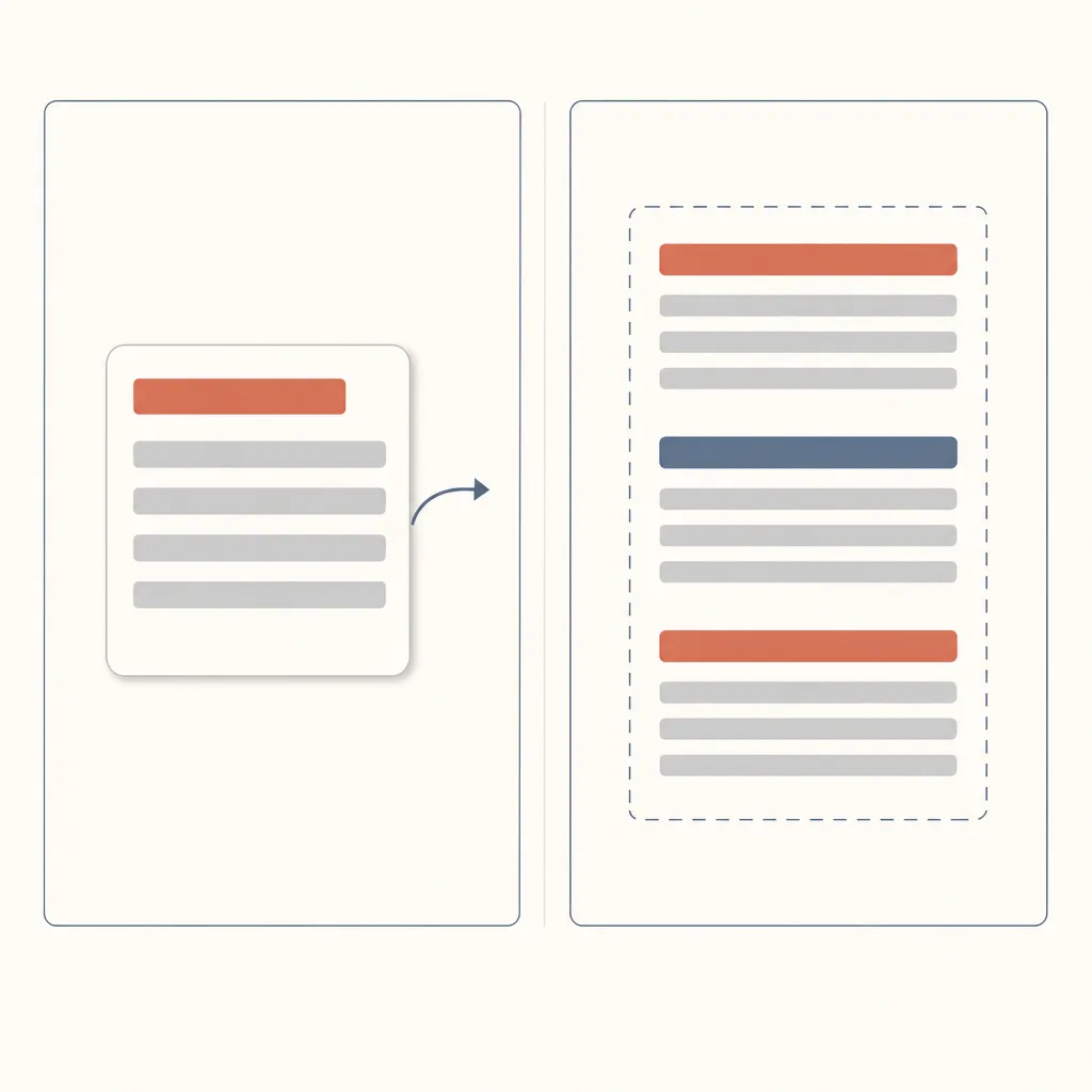 Comparaison en wireframe : à gauche un bloc de contenu autonome détaché, à droite une page découpée en trois sections thématiques.